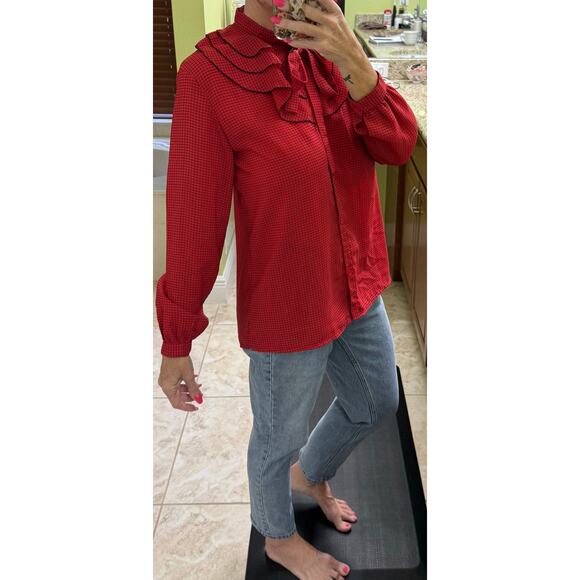 Yaohan Vintage red blouse ruffle black thin strips large long sleeves button - Picture 3 of 7